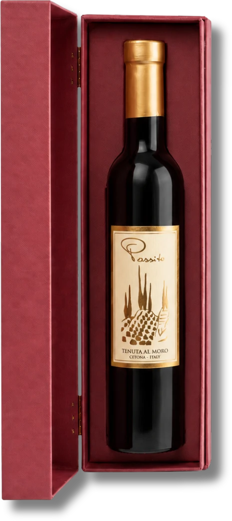 Moscato Passito en el estuche burdeos