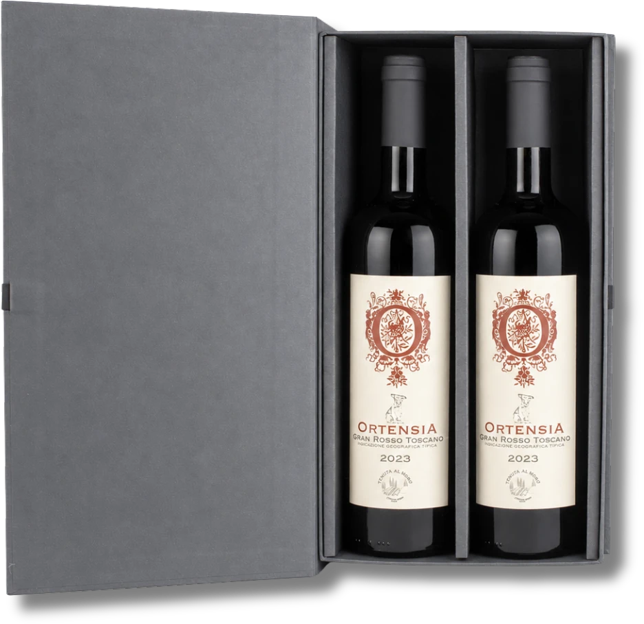 Estuche negro abierto con dos botellas de Rosso Ortensia